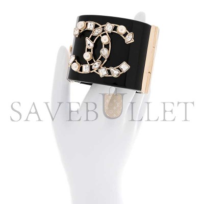 CHANEL RESIN CRYSTAL PEARL CC CUFF BLACK BRACELET 